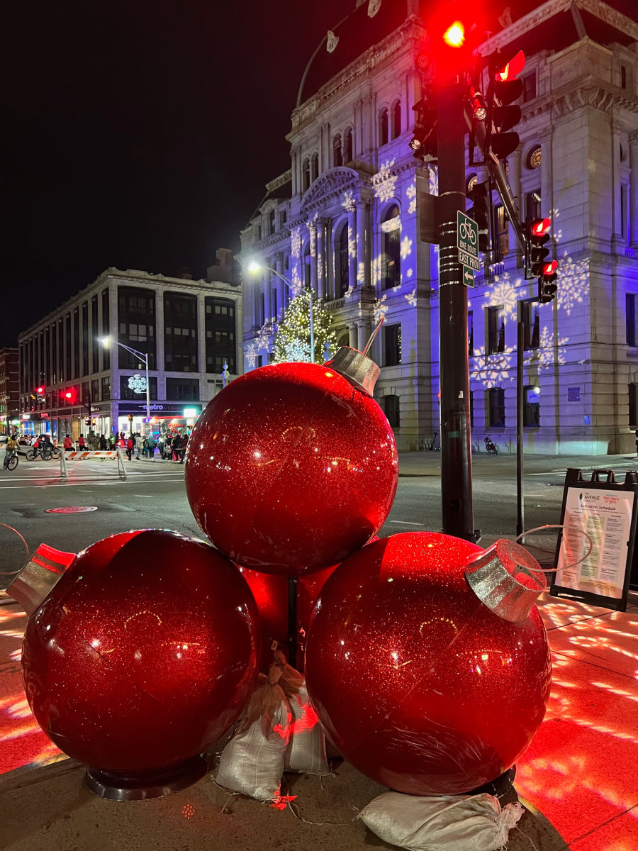 Christmas ornaments in front of Providence City Hall
