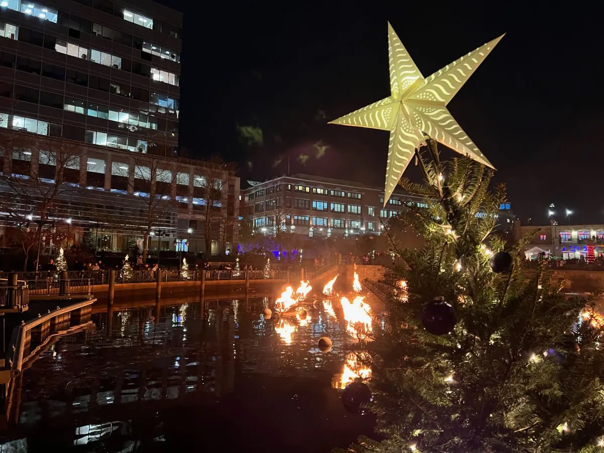 Christmas tree in Waterplace Park at Waterfire